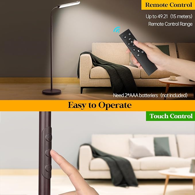 LED Floor Lamp, 18W Super Bright Floor Lamp for Living Room, Adjustable Stepless Colors & Brightness Gooseneck Standing Lamp, Eye Caring Reading Light with Remote& Touch Control for Bedroom Office - LeafyLoom