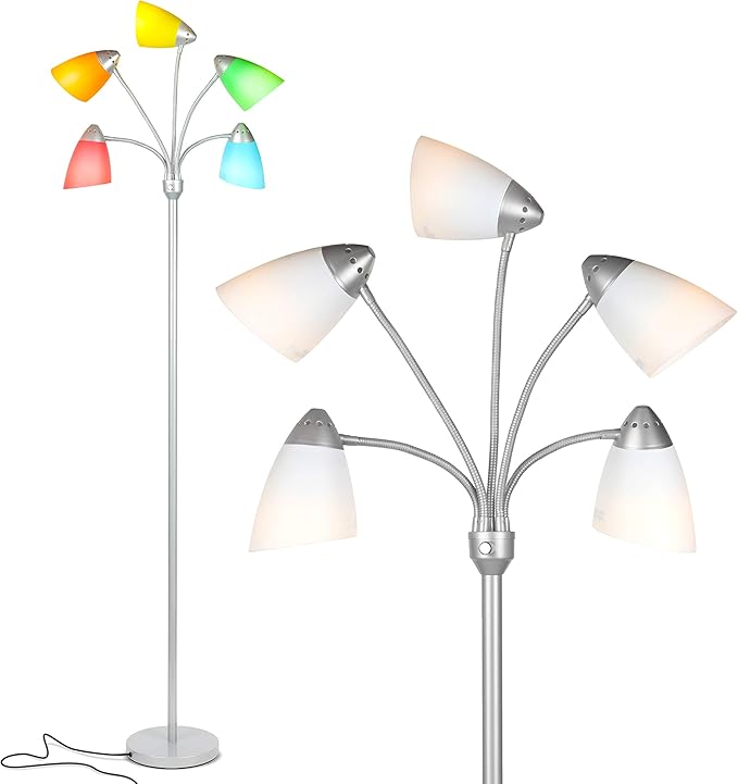 Brightech Medusa LED Floor Lamp – Multi-Head Dimmable Floor Lamp for Living Rooms & Offices – Tall Lamp with Interchangeable Shades, Adjustable Standing Lamp for Bedroom Reading – Silver - LeafyLoom