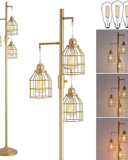 9MMML Golden Dimmable Floor Lamp,Industrial Gold Farmhouse Tall Standing Lamp for Living Room, Bedroom Office,3 Teardrop Cage Lampshade,3 LED Bulbs Inculded, 68'' Tall - LeafyLoom