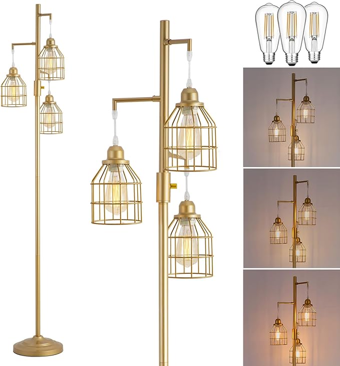 9MMML Golden Dimmable Floor Lamp,Industrial Gold Farmhouse Tall Standing Lamp for Living Room, Bedroom Office,3 Teardrop Cage Lampshade,3 LED Bulbs Inculded, 68'' Tall - LeafyLoom