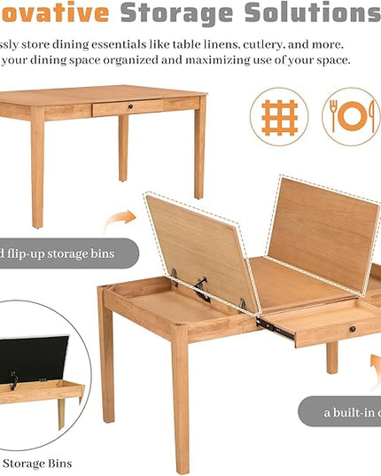 Dining Table Set for 6 with Drawer, Kitchen Table Set with Storage Table, Dining Room Table Set with Storable Bench and Upholstered Chairs for Living Room, Beige+Natural - LeafyLoom