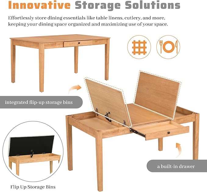 Dining Table Set for 6 with Drawer, Kitchen Table Set with Storage Table, Dining Room Table Set with Storable Bench and Upholstered Chairs for Living Room, Beige+Natural - LeafyLoom