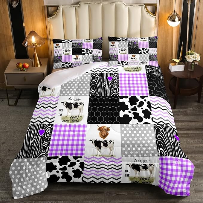Erosebridal Cute Cow Print Comforter Set King Size Kawaii Highland Cow Bedding Set Bedroom Decor Honeycomb Plaid Pattern Geometric Stripes Down Comforter Farm Animals Duvet Set, Purple Black Grey - LeafyLoom