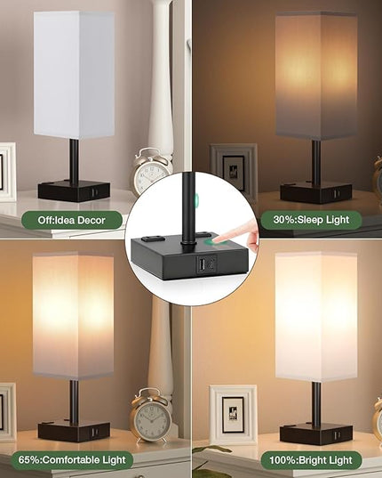 aooshine Black Base Gray Shade Set of 2 Touch Lamp with USB Port-Nightstand Lamp with USB-C+A Charge Ports& AC Outlets, 3-Way Dimmable Bedside Lamp, Small Table Lamp for Bedroom (Bulbs Included) - LeafyLoom