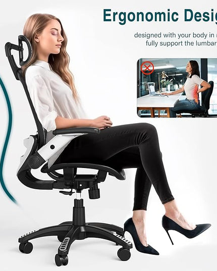 GABRYLLY Ergonomic Mesh Office Chair, High Back Desk Chair - Adjustable Headrest with Flip-Up Arms, Tilt Function, Lumbar Support and PU Wheels, Swivel Computer Task Chair, Grey - LeafyLoom