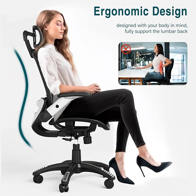 GABRYLLY Ergonomic Mesh Office Chair, High Back Desk Chair - Adjustable Headrest with Flip-Up Arms, Tilt Function, Lumbar Support and PU Wheels, Swivel Computer Task Chair, Grey - LeafyLoom