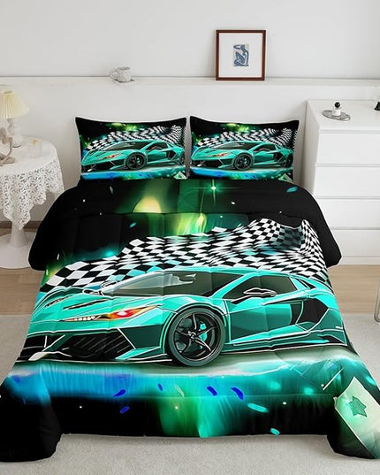Teal Race Car Comforter Set Queen Size, Black White Lattice Bedding Set 2pcs for Kids Boys Teens Room Decor,Extreme Sport Games Quilt Set,Cool Modern Duvet Insert with 2 Pillowcases - LeafyLoom