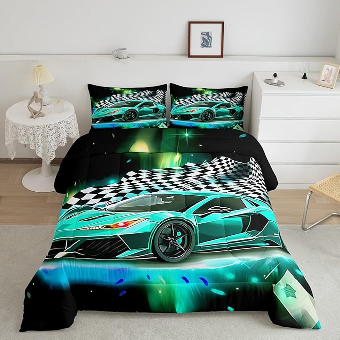 Teal Race Car Comforter Set Queen Size, Black White Lattice Bedding Set 2pcs for Kids Boys Teens Room Decor,Extreme Sport Games Quilt Set,Cool Modern Duvet Insert with 2 Pillowcases - LeafyLoom