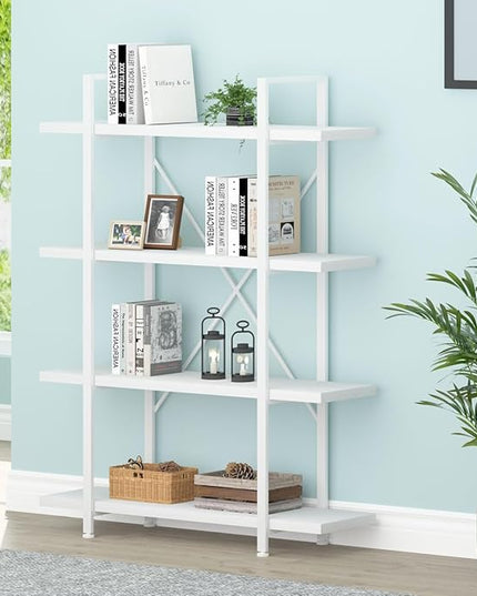 HSH 4 Tier White Bookshelf, Modern 4 Shelf Etagere Bookcase, Industrial Wood and Metal Storage Shelves and Display Book Rack, Farmhouse Open Wide Book Shelf for Bedroom Living Room Office, White Oak - LeafyLoom