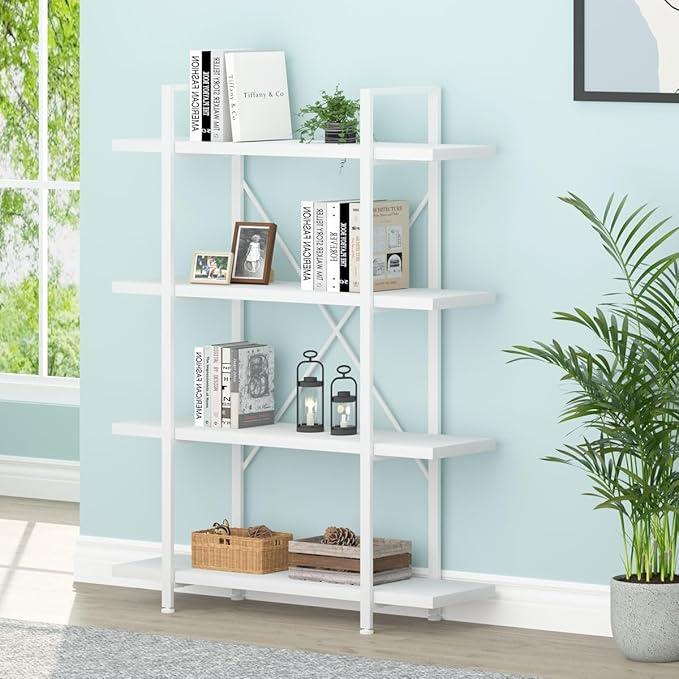 HSH 4 Tier White Bookshelf, Modern 4 Shelf Etagere Bookcase, Industrial Wood and Metal Storage Shelves and Display Book Rack, Farmhouse Open Wide Book Shelf for Bedroom Living Room Office, White Oak - LeafyLoom