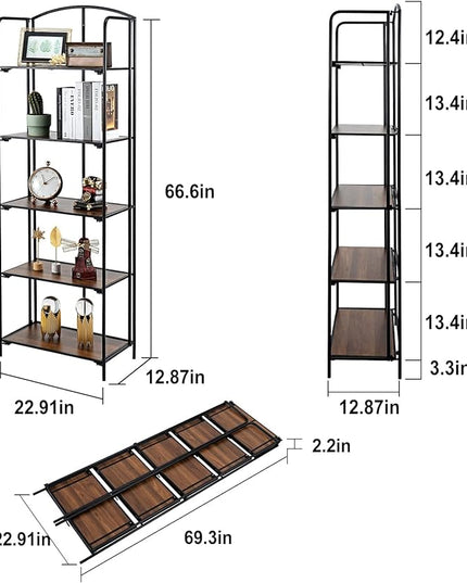 No Assembly Folding Bookshelf, 5 Tier Black Bookshelf, Metal Book Shelf for Storage, Folding Bookcase for Office Organization and Storage, 12.87" D x 22.91" W x 68.1" H - LeafyLoom
