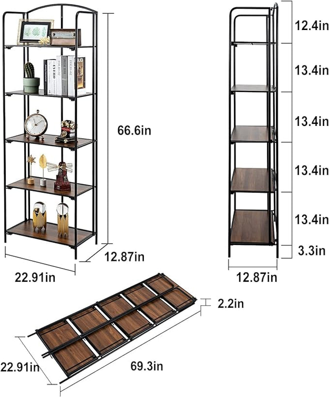 No Assembly Folding Bookshelf, 5 Tier Black Bookshelf, Metal Book Shelf for Storage, Folding Bookcase for Office Organization and Storage, 12.87" D x 22.91" W x 68.1" H - LeafyLoom