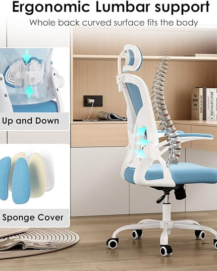 Farini Ergonomic Office Chair, Home Office Desk Chair with Headrest, High Back Computer Chair with Flip-up Armrests and Adjustable Lumbar Support for Home Office Study Room (with Headrest, Blue) - LeafyLoom