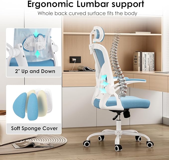Farini Ergonomic Office Chair, Home Office Desk Chair with Headrest, High Back Computer Chair with Flip-up Armrests and Adjustable Lumbar Support for Home Office Study Room (with Headrest, Blue) - LeafyLoom