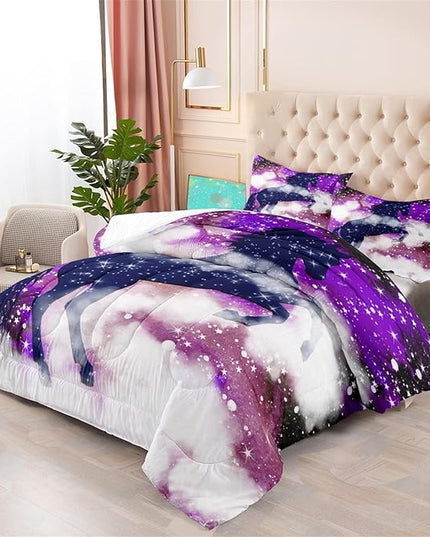 Galaxy Horse Comforter Set for Girls Purple Twin Bedding Set Magic Cloud Horse Bed Set Twin Size Bedroom Fashion 2 Piece Quilt Set, All Season 2 Piece 1 Twin Comforter + 1 Pillowcase - LeafyLoom