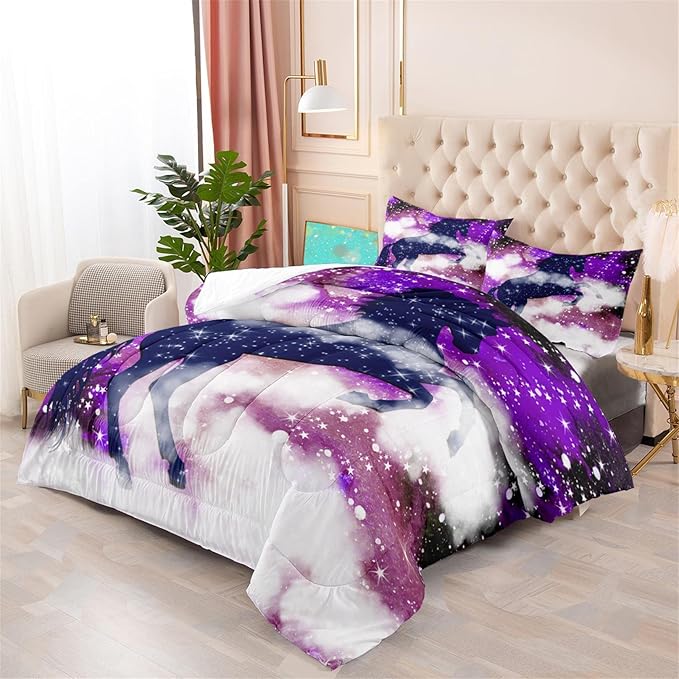 Horse Comforter Full Size Girls Full Bedding Set Purple Galaxy Bed Set Purple Starry Stars Soft Durable Quilt, 3 Piece Full Comforter Set 1 Full Comforter + 2 Pillowcases - LeafyLoom