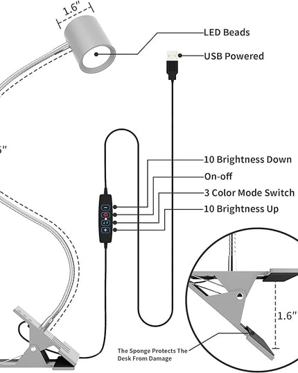 Dott Arts Desk Lamp,USB Clip On Light with 3 Color Modes,LED 10 Levels Brightness Reading Lamp, 360°Gooseneck Book Light,Eye-Care Reading Light for Home Office,Headboards Grey - LeafyLoom