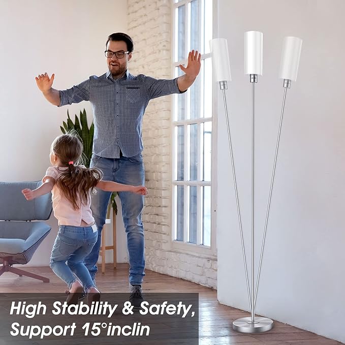 Floor Lamp for Living Room, Glass Lampshade Modern Standing Floor Lamp, 68 Inches Tall with E26 Socket for Office, Bedroom, reading or work - Silver with White Lampshade (Bulb Not Included) - LeafyLoom