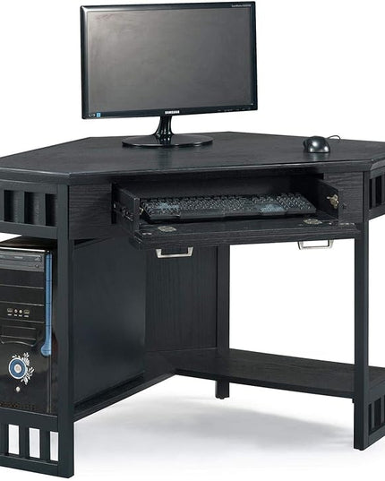 Leick Home 83430 Corner Computer/Writing Desk with Center Keyboard Drawer and Shelf, Black Oak - LeafyLoom