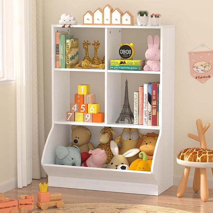 EasyCom 3 Tier Toy Storage Organizer, 5 Cube Toy Shelf and Bookcase Storage Cabinet, Book Shelf for Playroom Bedroom Living Room Nursery White - LeafyLoom