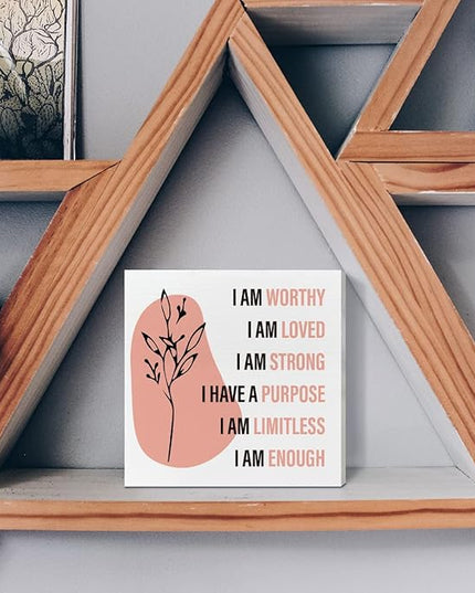 Home Office Desk Wooden Box Sign Decor, I Am Worthy Loved Strong, Inspirational Quotes Desk Decor Motivational Desk Decorations for Women Girls Teens Student Office Classroom School - LeafyLoom
