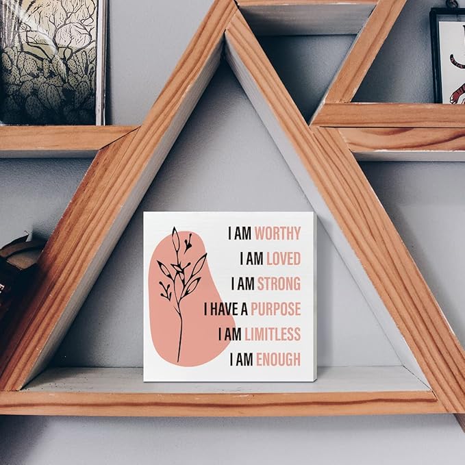Home Office Desk Wooden Box Sign Decor, I Am Worthy Loved Strong, Inspirational Quotes Desk Decor Motivational Desk Decorations for Women Girls Teens Student Office Classroom School - LeafyLoom