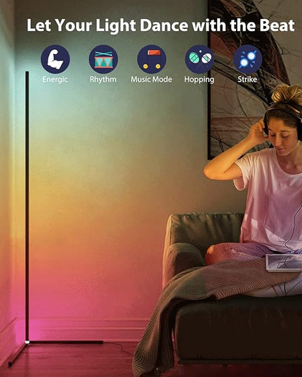 2PCS RGB Corner Floor Lamp, 64.5" RGB Color Changing Mood Light Bluetooth APP and Remote Control Music Sync LED 398 Dimmable Modes Modern Floor Lamp for Living Room, Light Timing - LeafyLoom