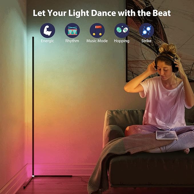 2PCS RGB Corner Floor Lamp, 64.5" RGB Color Changing Mood Light Bluetooth APP and Remote Control Music Sync LED 398 Dimmable Modes Modern Floor Lamp for Living Room, Light Timing - LeafyLoom