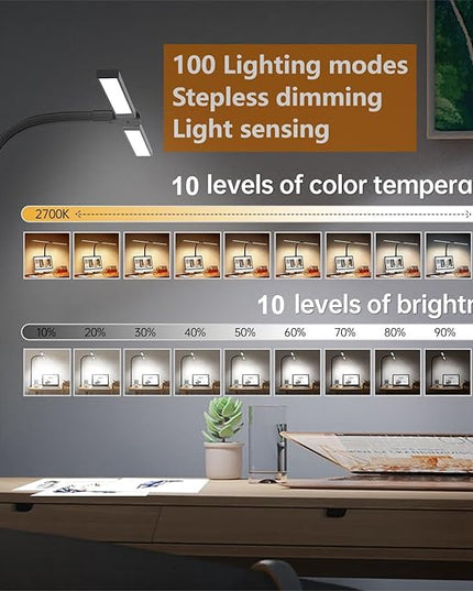 LED Desk Lamp for Office Home,24W Double Head Architect Desk Lamp with Clamp,Remote Control,Ultra Bright Auto Dimming,Stepless Lighting,Flexible Gooseneck Dimming Table Light - LeafyLoom