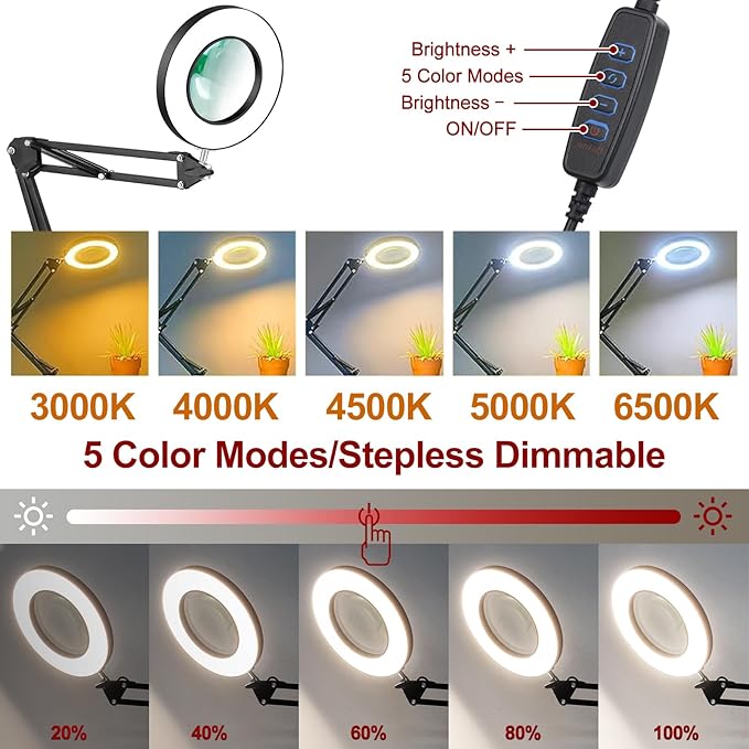 12X Magnifying Glass with Light and Stand,5 Inches 2-in-1 Lighted Magnifier with Clamp 5 Color Modes LED Desk Lamp,Hands Free for Craft Hobby Reading Painting Sewing Close Work (5 Inches) - LeafyLoom