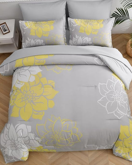 Yellow Comforter Set King 7 Piece Bed in a Bag Yellow Floral Comforter with Sheet Set Soft Micorfiber Reversible Bedding Set (1 Comforter,2 Pillow Shams,1 Flat Sheet,1 Fitted Sheet,2 Pillowcases) - LeafyLoom