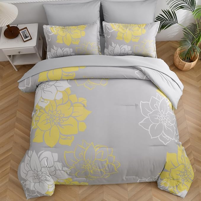 Yellow Comforter Set King 7 Piece Bed in a Bag Yellow Floral Comforter with Sheet Set Soft Micorfiber Reversible Bedding Set (1 Comforter,2 Pillow Shams,1 Flat Sheet,1 Fitted Sheet,2 Pillowcases) - LeafyLoom