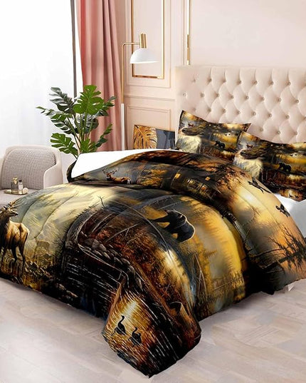 LUVIVIHOME 3PCS Black Bear Deer Cabin Comforter Set King Size, Elk Moose Mallard Duck Woodland Forest Animal Wildlife Hunting Camo Hunter Country Lodge Rustic Farmhouse Bedding Sets, 2 Pillow Cases - LeafyLoom