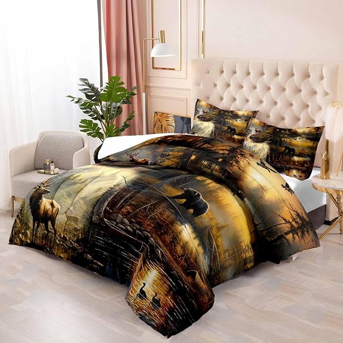 LUVIVIHOME 3PCS Black Bear Deer Cabin Comforter Set King Size, Elk Moose Mallard Duck Woodland Forest Animal Wildlife Hunting Camo Hunter Country Lodge Rustic Farmhouse Bedding Sets, 2 Pillow Cases - LeafyLoom