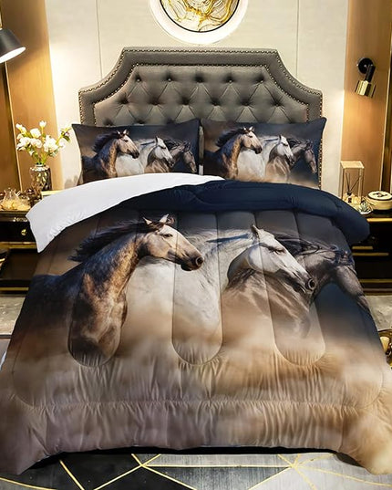 Horse Comforter Twin Size,Galloping Horse Comforter Set for Kids Teens Girls Boys,3Pcs Bedding Set Printed Comforter with 2 Pillowcases,Soft and Lightweight，Twin Size - LeafyLoom
