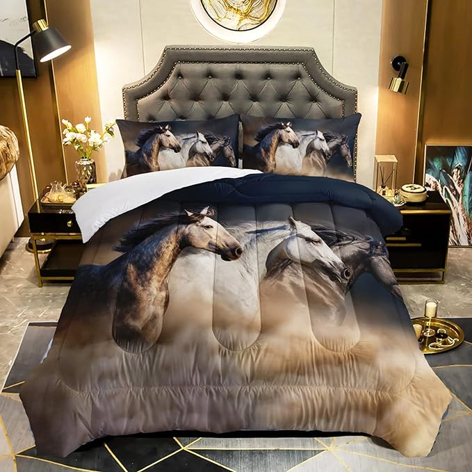 Horse Comforter Twin Size,Galloping Horse Comforter Set for Kids Teens Girls Boys,3Pcs Bedding Set Printed Comforter with 2 Pillowcases,Soft and Lightweight，Twin Size - LeafyLoom