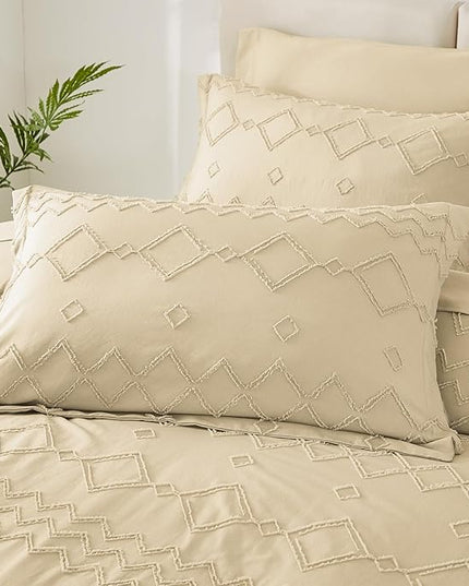 EMME Twin Comforter Set - 5 Pcs Beige Boho Bedding Sets, Tufted Comforter with Sheets, Shabby Chic Embroidery Twin Bed Set Fluffy Bed Bag for All Season(68"X90") - LeafyLoom