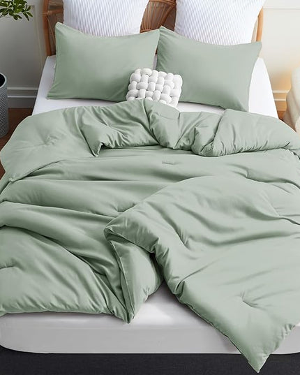 CozyLux Sage Green Comforter Set King Size, 3 Pieces Solid Breathable Quilted Style Bedding Sets, Luxury Fluffy Soft Microfiber Comforter for All Season(1 Comforter & 2 Pillowcases) - LeafyLoom