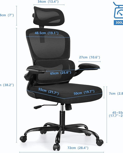Ergonomic Office Chair, High Back Mesh Desk Chair with Lumbar Support and Adjustable Headrest, Computer Task Chair with Flip-up Armrests, Swivel Executive Chairs for Home Office (Black) - LeafyLoom