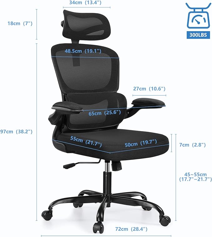 Ergonomic Office Chair, High Back Mesh Desk Chair with Lumbar Support and Adjustable Headrest, Computer Task Chair with Flip-up Armrests, Swivel Executive Chairs for Home Office (Black) - LeafyLoom