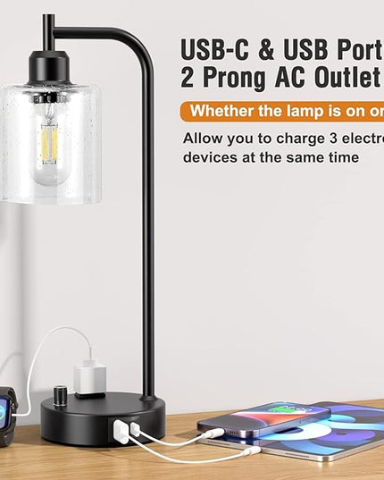 Industrial Table Lamps for Bedrooms Set of 2 - Fully Dimmable Bedside Lamps with USB A and C Ports and Outlet, Black Nightstand Lamps with Glass Shade for Living Room, Desk Lamps for Office Reading - LeafyLoom