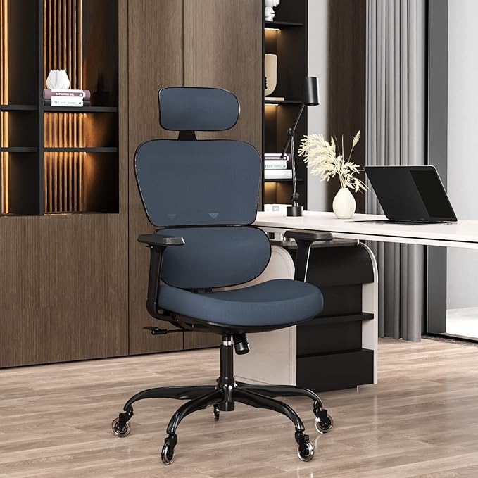 Ergonomic Office Chair - Mesh Office Chair High Back, Rolling Desk Chair, Executive Swivel Chair, Computer Chair with 3D Adjustable Armrest, 3D Lumbar Support, Blade Wheels, Adjustable Headrest - LeafyLoom
