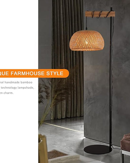 Industrial Tall Floor Lamp for Living Room Bamboo Lampshade, Black Lights Fixtures with Cord On/Off Switch E26 Base Industrial Modern Wire Wood Decoration Standing Lamp for Bedroom (No Bulb) - LeafyLoom