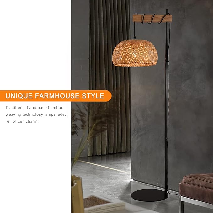 Industrial Tall Floor Lamp for Living Room Bamboo Lampshade, Black Lights Fixtures with Cord On/Off Switch E26 Base Industrial Modern Wire Wood Decoration Standing Lamp for Bedroom (No Bulb) - LeafyLoom