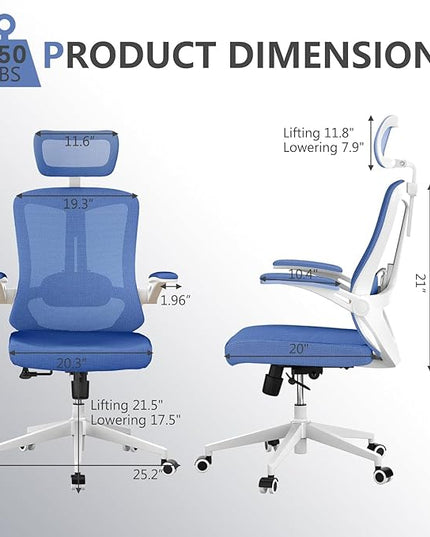 Office Chair with 350LBS Capacity,Ergonomic Comfy Home Desk Chair,High Back Gaming Chair with Wheels,Mesh Computer Chair,Lumbar Support, Adjustable Headrest,Flip-up Armrest - LeafyLoom