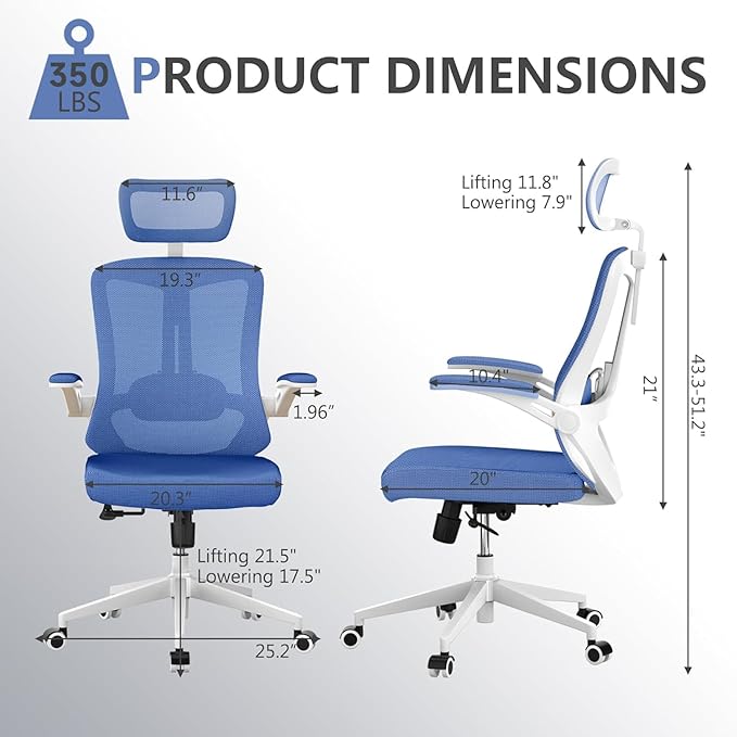 Office Chair with 350LBS Capacity,Ergonomic Comfy Home Desk Chair,High Back Gaming Chair with Wheels,Mesh Computer Chair,Lumbar Support, Adjustable Headrest,Flip-up Armrest - LeafyLoom