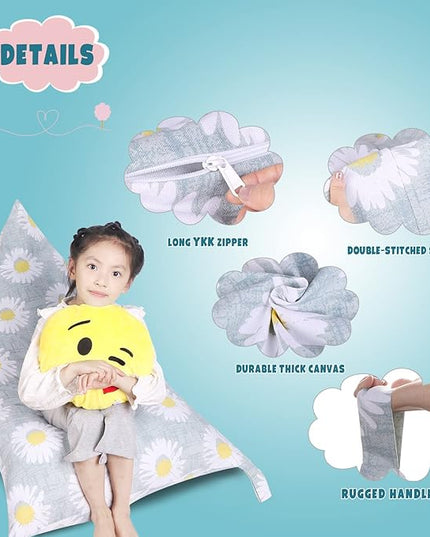 Stuffed Animal Storage Bean Bag Chair Cover, Canvas Daisy Plush Toy Storage Stuff and Sit Seat for Kids/Teens/Adults, 52" x 31" Extra Large Triangle Floor Sofa Lounger, 200L/52Gal, Cover Only - LeafyLoom