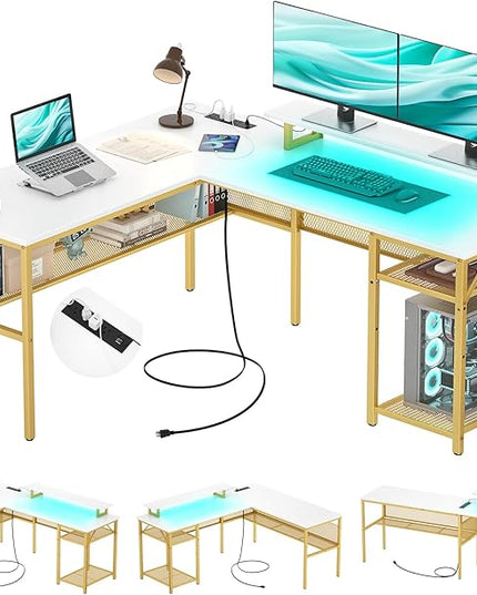 Reversible L Shaped Computer Desk with Power Outlet & Monitor Stand, 55 Inch Office Desk with RGB LED Light, Sturdy Corner Desk with Storage Shelf, Gaming Table, Easy to Assemble, White - LeafyLoom