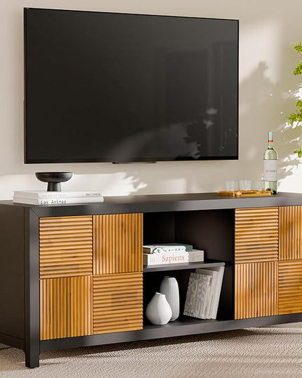 Bme Solid Wood Fluted Fully Assembled Media Console, Craft to Last Center with Soft Close Door & Adjustable Storage Space, Spacious & Unique Entertainment, Madia 60 Inch TV Stand, Black & Teak Brown - LeafyLoom