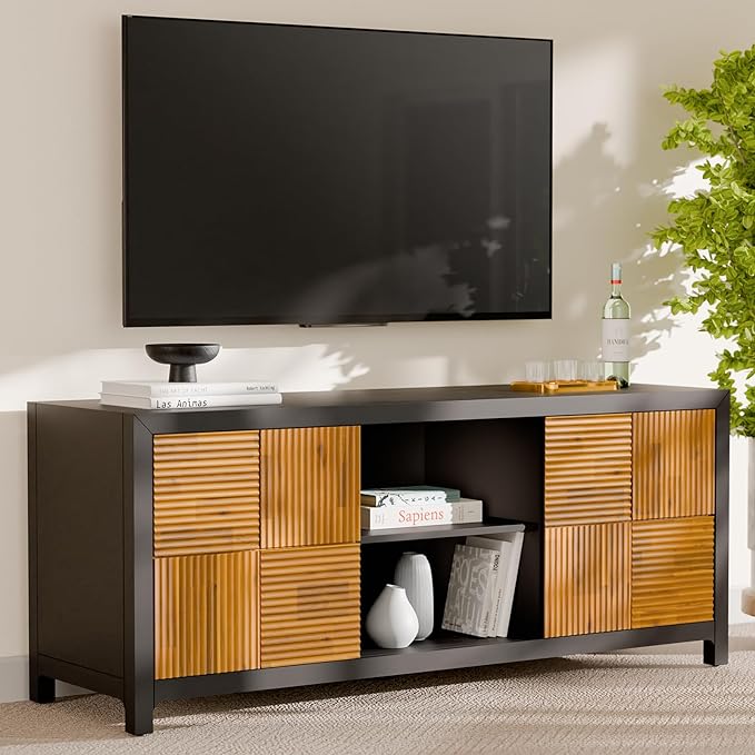 Bme Solid Wood Fluted Fully Assembled Media Console, Craft to Last Center with Soft Close Door & Adjustable Storage Space, Spacious & Unique Entertainment, Madia 60 Inch TV Stand, Black & Teak Brown - LeafyLoom